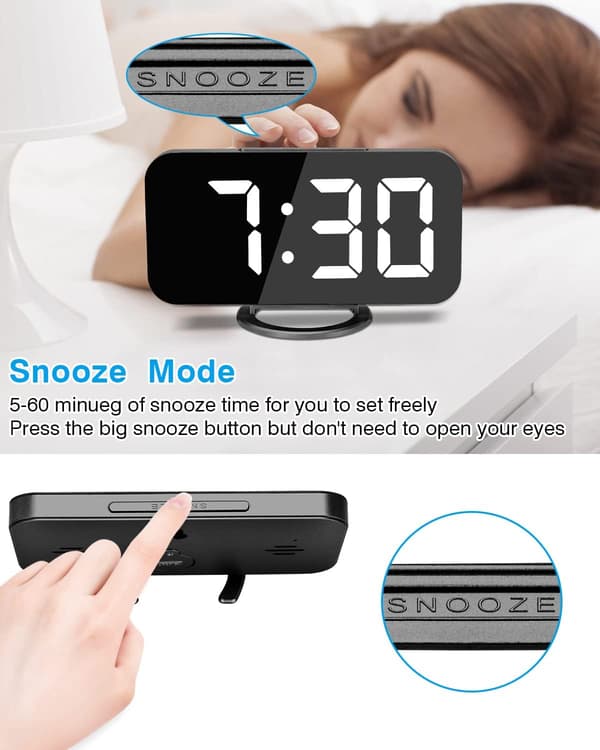 Digital Väckarklocka 7\" LED-spegel: 2 USB-portar, Snooze, Auto-Ljusstyrka – Modern Bords-/Väggklocka för Sovrum/Vardagsrum/Kontor White、White
