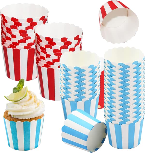 Røde og blå stribede papir muffinsforme 100 stk. bageforme til cupcakes, fester, bryllupper, festivaler, bagerier