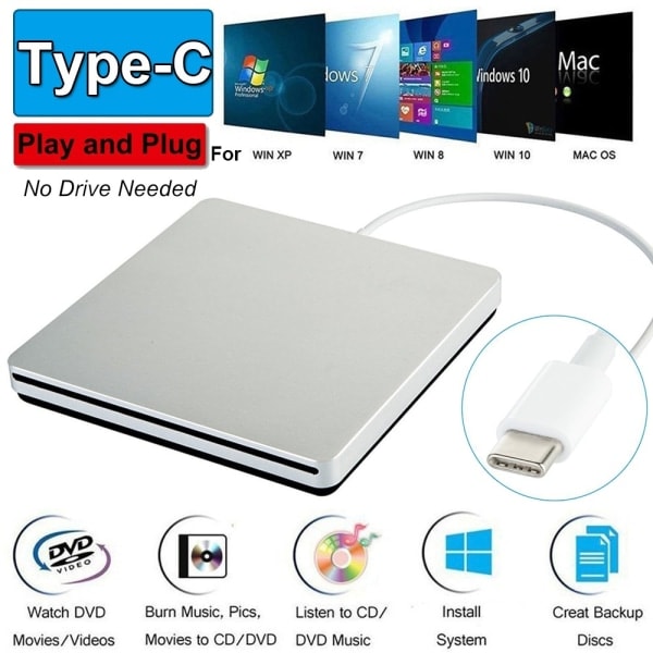 Extern CD/DVD-läsare TYPE-C 3.0, Silver