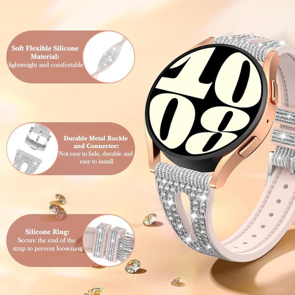 Glitter Silikone Erstatningsrem til Samsung Galaxy Watch 20mm, Justerbare Glitrende Armbånd til Kvinder Silver