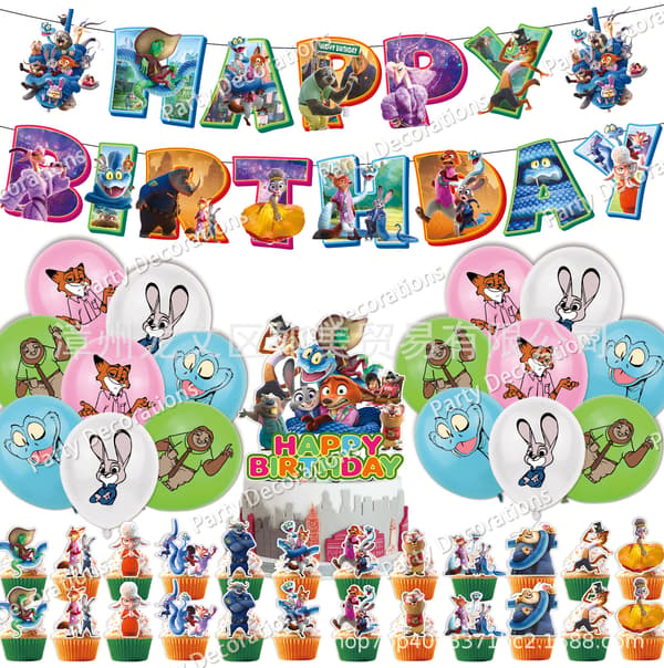Zootopia 2 Bursdagsfestdekorasjonssett, vimpelbanner, kaketopper og ballongsett for barnefeiring 12 flags + 1