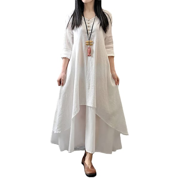 Kaftan i bomuld og hør til kvinder, boho plus size med lommer, løse lange ærmer, V-hals, plisseret lang linnedkjole, lagdelt maxikjole, afslappet kjole