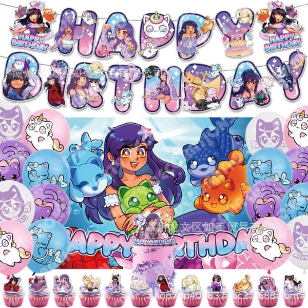 Aphmau-temafestdekorasjonssett, vimpelbanner, kaketopper og ballonger for barnefeiring A