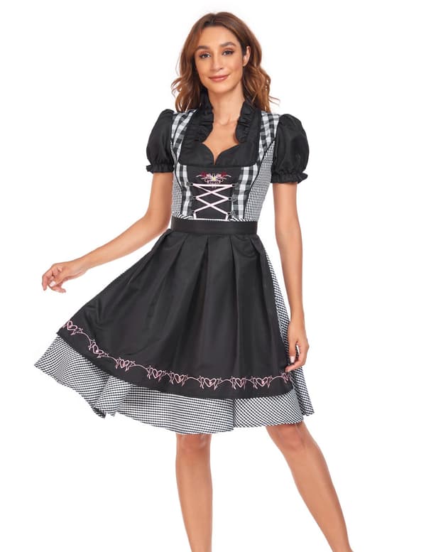 Dirndl-kjole i etnisk stil til ølfestival - Traditionelt bayersk festtøj til kvinder 0302 Black L=38
