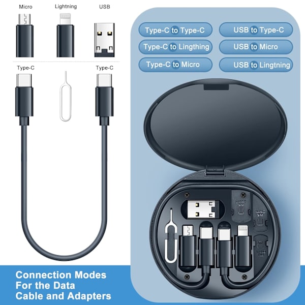 Multi-opladerkabel Adapter Kit, USB C til Micro USB/Lightning/USB A Kabelkonverter Adapter Kit Kan Bruges som Telefonholder - Blå