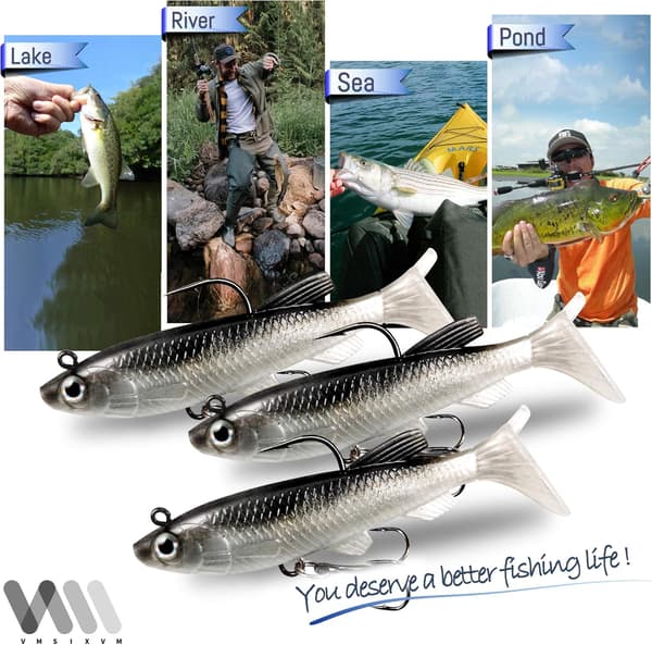 20 stk myke fiskesluker, shad minnow swimbaits, ferdigriggede jighoder, paddle tail swimbaits for abbor, ørret, gjedde, crappie