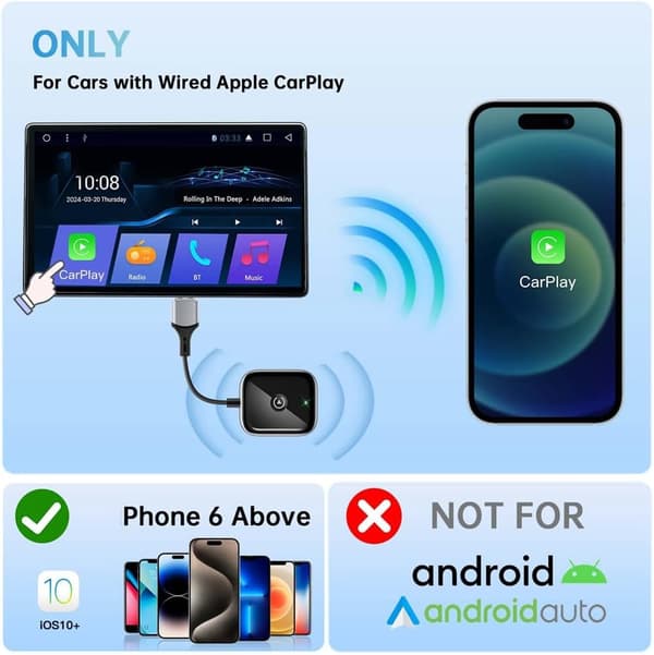 2 i 1 Trådløs CarPlay Adapter Kablet til Trådløs AI Boks Plug Play Mini CarPlay Adapter Sort
