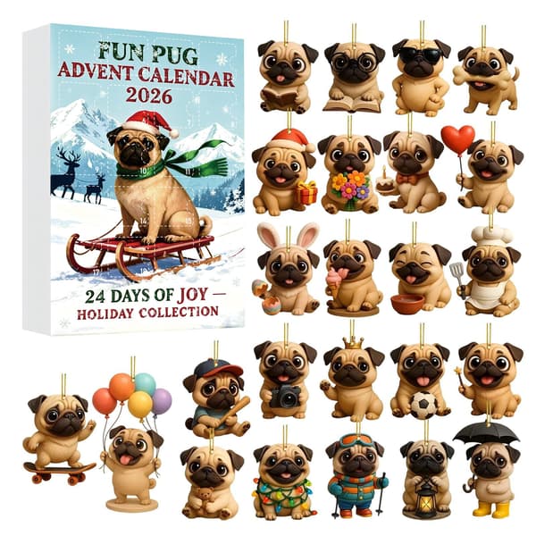 Morsom Mops Julekalender 2026 – 24 Dager med Glede og Søte Hundegaver, Nedtelling til Jul for Barn GJ593-001 Flat Acrylic Model