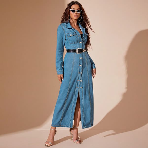 Lang Denimkjole Dame Midi Skjortekjole Lyseblå Light Blue 2XL