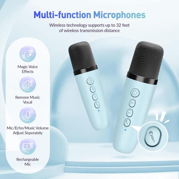 Bärbar Bluetooth-högtalare med 2 trådlösa mikrofoner för barn, (Blå) Blue 2 Mics