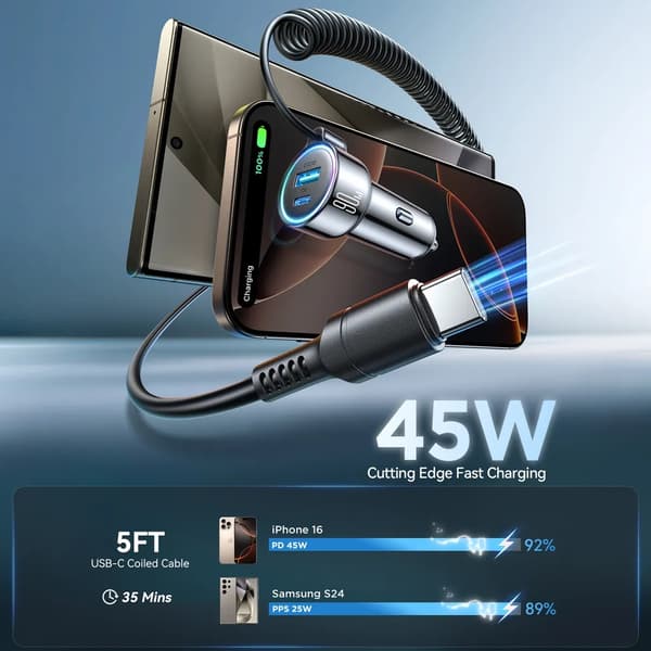 SiGN 90W 3-in-1 Fast Car Charger with USB-C Cable