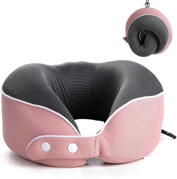 Oppgradert reise-nakkepute, 100 % ren memory foam-pute, sovepute for fly, bærbart flytilbehør, rosa