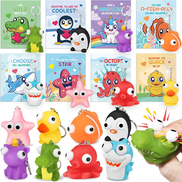 24-pack Kläm Djur Poppande Ögon Nyckelringar, Fidget Leksaker för Klassrum Skola Presenter Utbyte