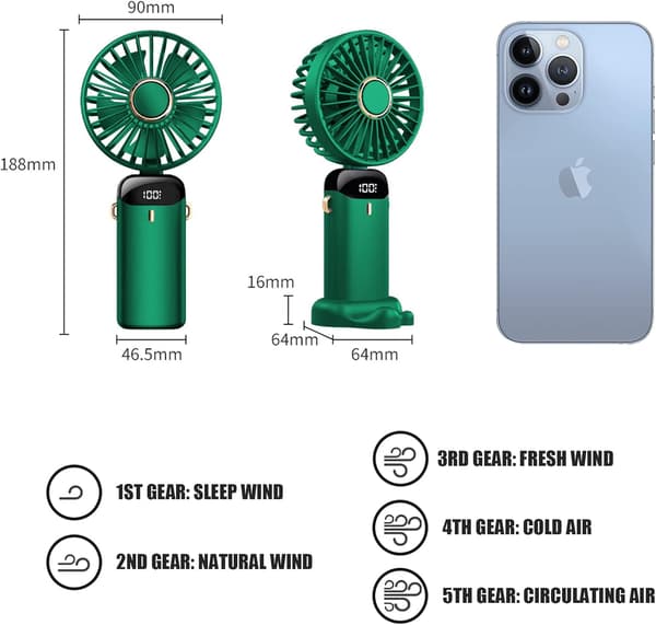 Jsdoin Håndholdt Blæser - USB Genopladelig, 5 Hastigheder, Foldbar, LED-Skærm green