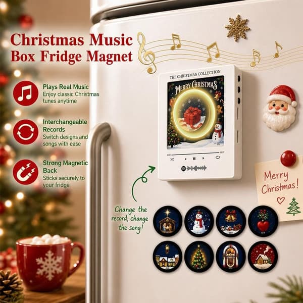 Christmas Vinyl Player Refrigerator Magnet with 9 NFC Discs, LED Lights, Retro Music Decor SNOWMAN