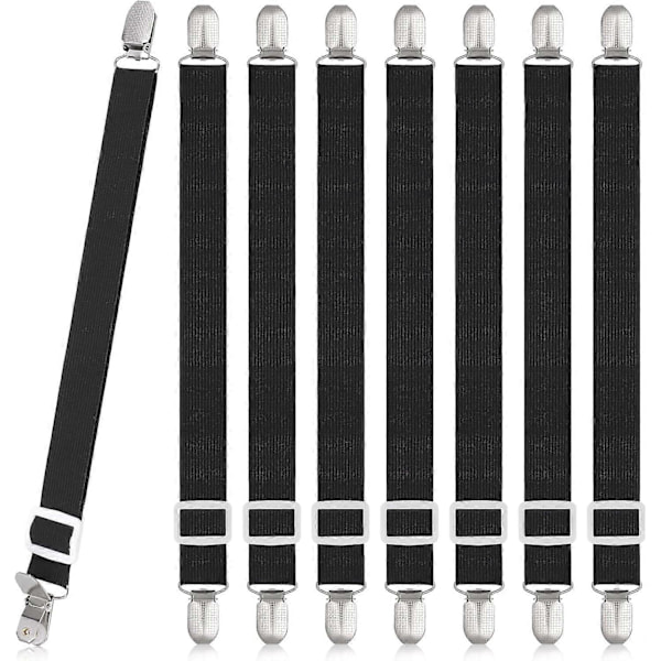 8 Pcs Sheet Clips, Adjustable Sheet Holders, High Elastic Fitted Sheet Straps with Clips, Sheet Fasteners Max Stretch 120cm Black