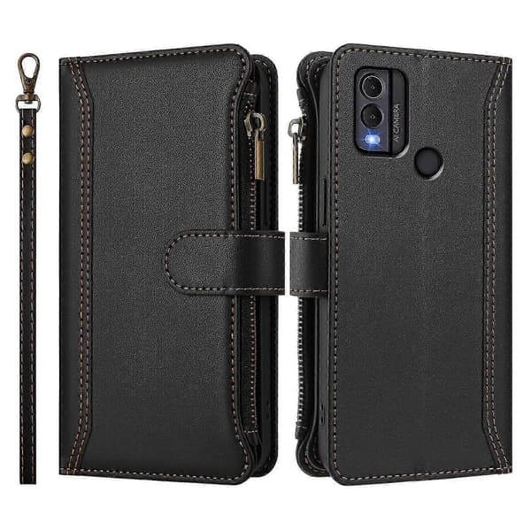 Magnetiskt Läderplånboksfodral med 9 Kortfack, Blixtlåsficka och Handrem för Säker Förvaring For Nokia C22