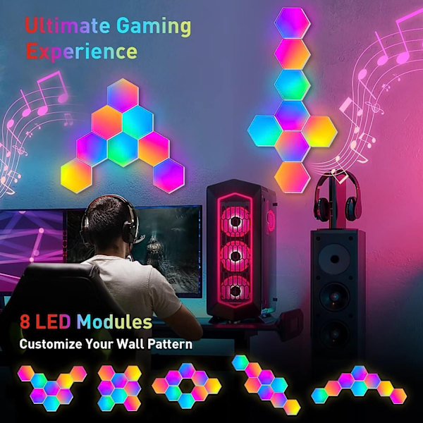 Hexagon Lys 8 Pak LED Vægpaneel RGB Gaming Lys