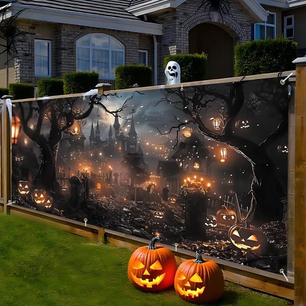 6x13FT Halloween Garageport Banner – Haunted Path with Lanterns Moon & Bats BNM127
