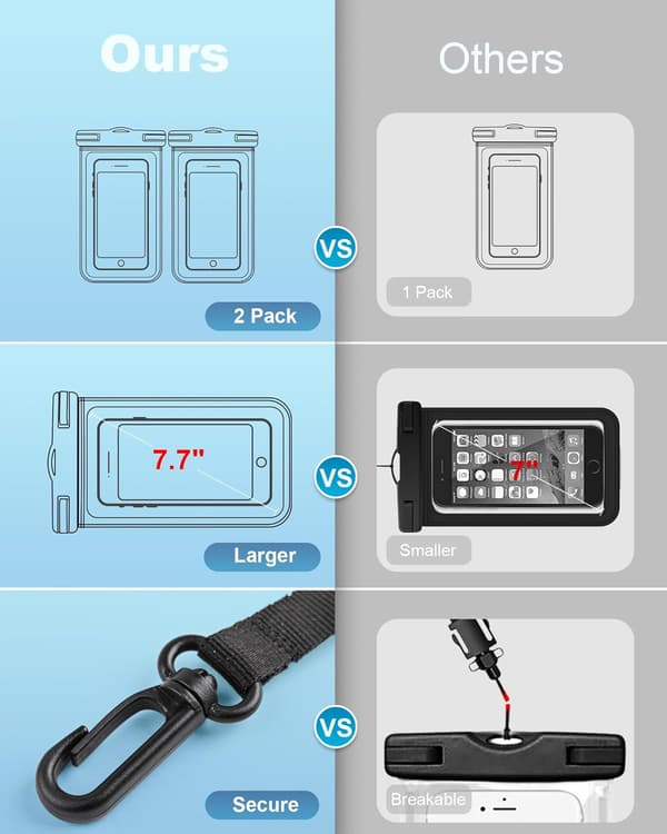 Vandtæt telefonpose tørpose sæt til alle telefoner - Undervands telefonetui med Earkings - Sort & Blå (2 pak)