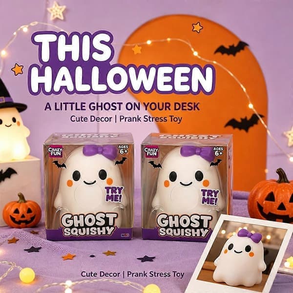 Spökflicka Halloween Squishy med fluga, mjuk söt sensorisk stressleksak för barn och tonåringar, festgåva