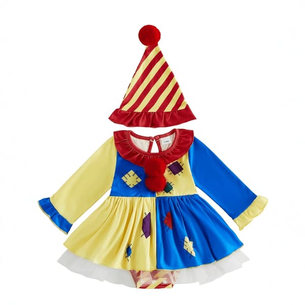 Halloween-klovnekostume til baby piger, patchwork-heldragt med matchende hat yellow 3-6M