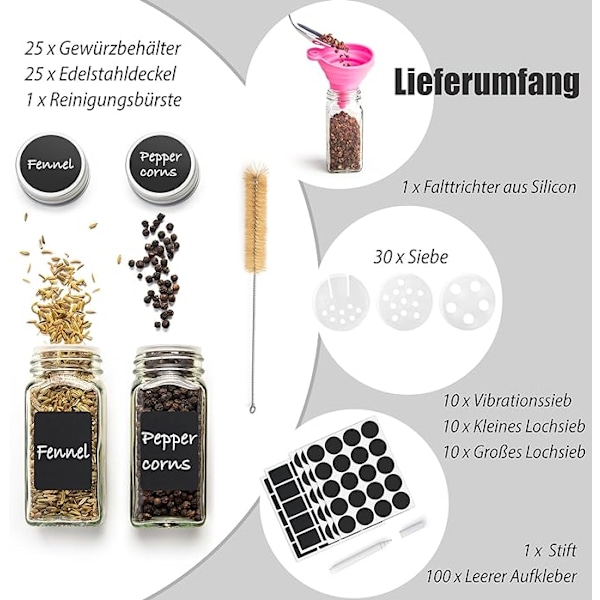 Maustepurkkeja 25 kpl, Maustepurkit 120 ml, BPA-vapaat lasipurkit mausteille,