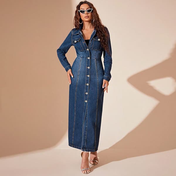 Lang Denimkjole Dame Midi Skjortekjole Mørkeblå Dark Blue S