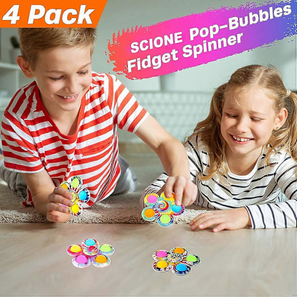 Fidget Spinner Pop Leksaker Set om 4, Fidget Pop Leksaker Party Present, Sensoriska Bubble Pop Leksaker Kit för Barn, Enkla Fidget Spinners Pop Stress