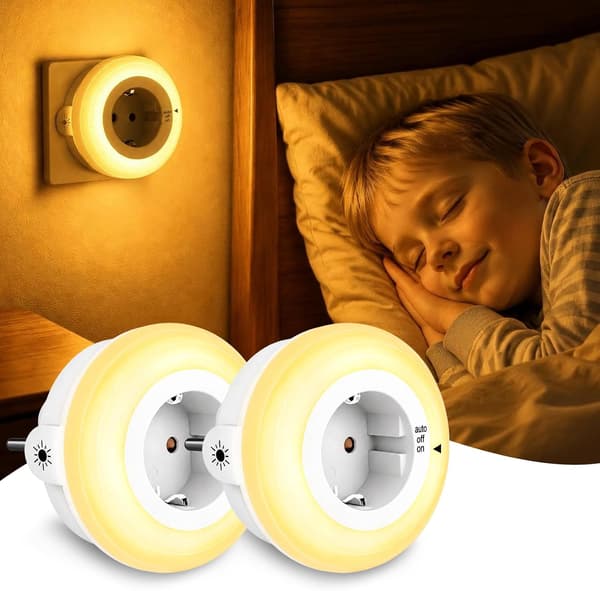 1800K ravfarget LED nattlys, øyevennlig plug-in stikkontakt med 3 moduser og dimbar, autosensor 2pcs