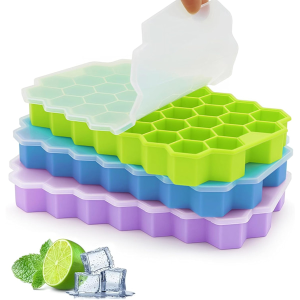 3-pack Silicone Ice Cube Tray with Lid, 37 Compartment Ice Maker, Easy Release, Reusable 111 Pieces Small Ice Cubes