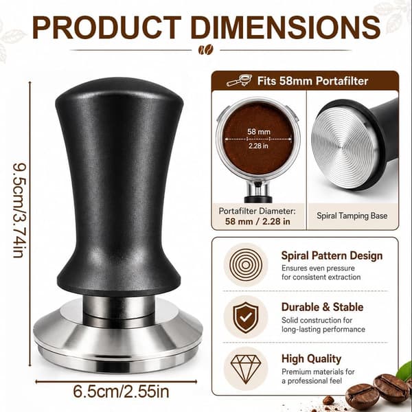 Tamper 51/53/58mm, Trykregulerende Kaffetamper, Espressotamper i Rustfrit Stål med Fjeder og Rillet Base 53MM
