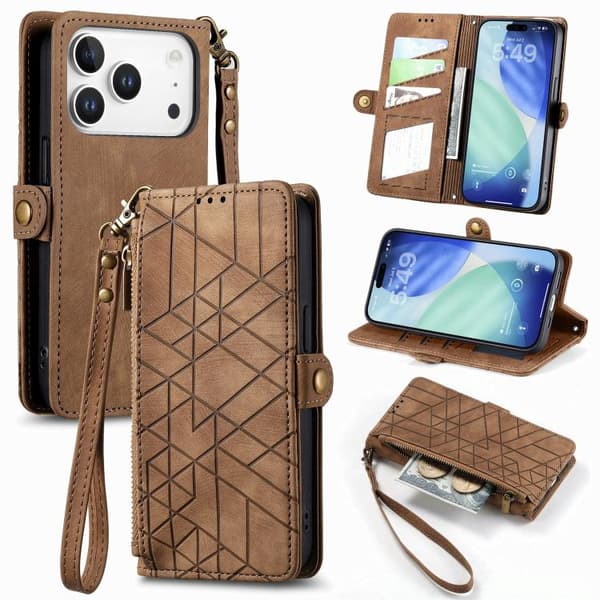 iPhone 17 Pro Max Skinnveske med geometrisk glidelås og sidespenne Brun