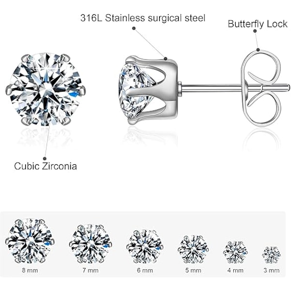 6 Par Örhängen Set, 316L Rostfritt Stål Klar Cubic Zirconia Örhängen För Kvinnor Män 3-8mm