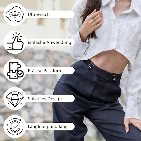 Unisex spenneløst elastisk midjebelte, usynlig midjebelte, elastisk erstatningsbelte med kroker black