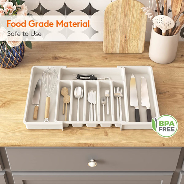 Besticklåda Organizer, BPA-fri Bestickshållare, Justerbar Plastförvaring för Skedar Gafflar Knivar, Stor, Vit 2