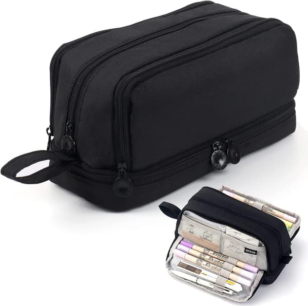 Large Capacity Pencil Case, 4 Compartments, Zipper Pencil Pouch with Portable Handle, Pen Holder and Stationery Organizer. Navybule