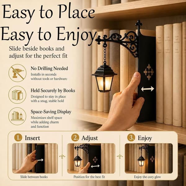 Book Lamp, Library Lantern Mini Bookshelf Lamp LED Bookshelf Lantern with Hanging Lantern, Warm Amber LED, Wireless, Slim Design Fits Between Books