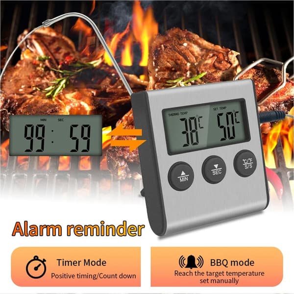 Digitalt madtermometer med probe og timer til madlavning, grillning, ovn, BBQ