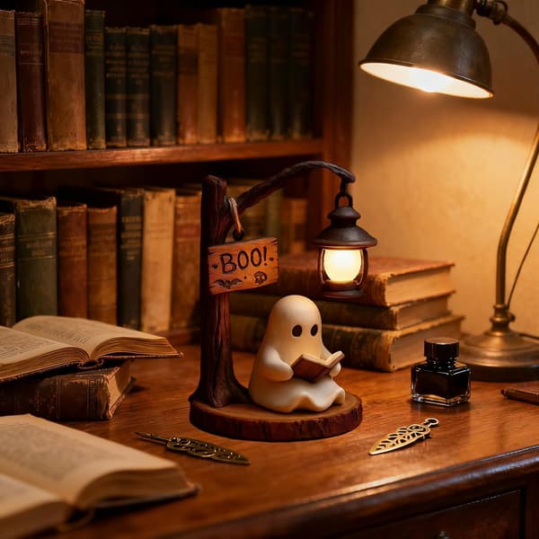 Cute Ghost Reading Book LED Statue Night Light, Halloween Figurine Lamp - Indoor Party Decor for Home, Office, Kitchen, Tabletop