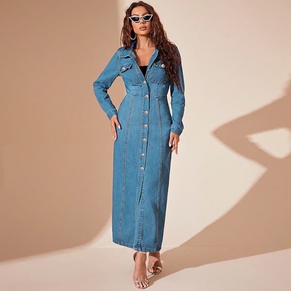 Lang Denimkjole Dame Midi Skjortekjole Lyseblå Light Blue 2XL