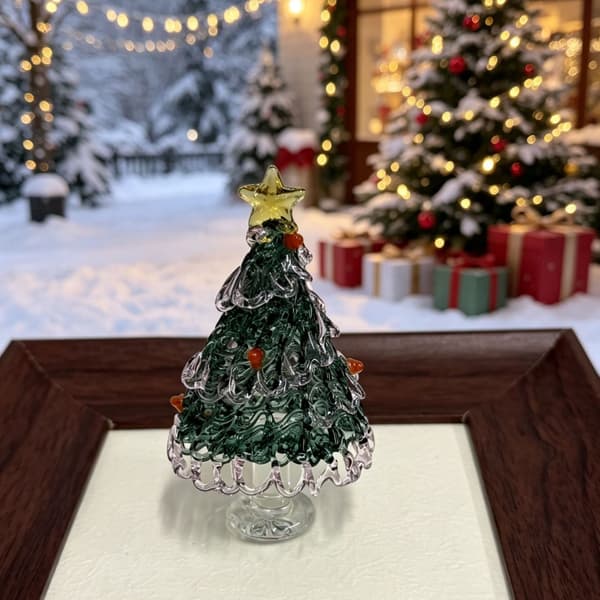 Handgjord julgransprydnad i borosilikatglas, bordsdekoration 8,5 cm Green White