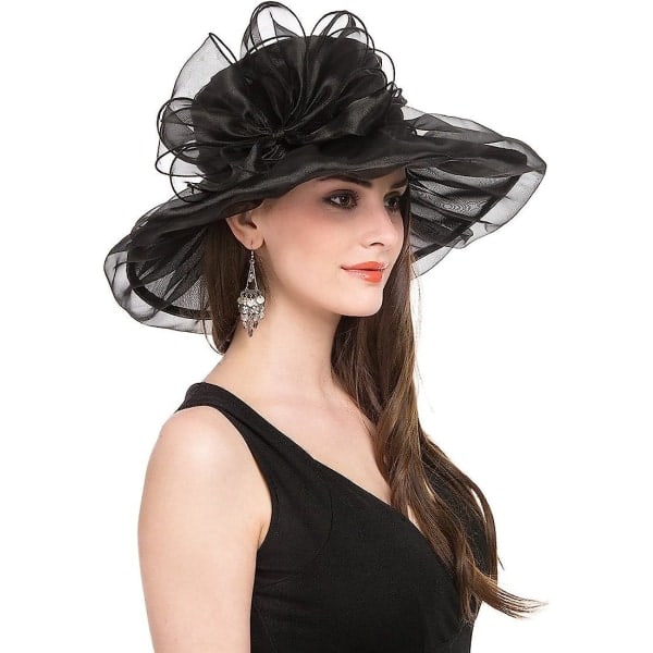 Sommarhatt för kvinnor, strandhatt, kyrkhatt, Ascot-kapplöpningshatt, derbyhatt, cocktailhatt, bröllopshatt, svart rosett, 1-pack