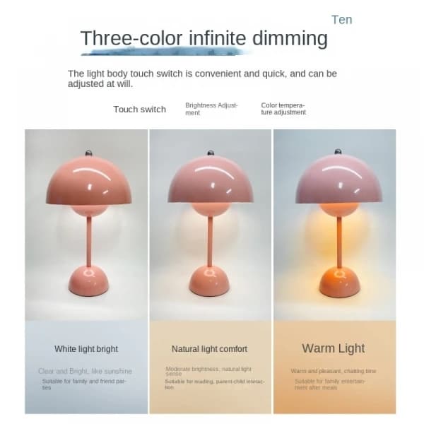 Dimbar trådløs bordlampe med 3 moduser for lesing, nattlys Rosa_MGF Pink