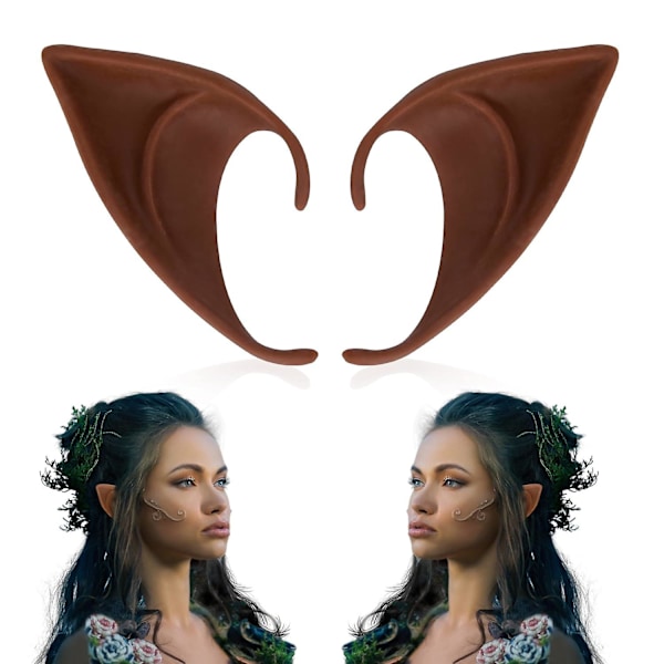 Bruna Alvöron - Kort och Långt Set med Fe-öron, Silikon Vampyröron, Brun Päls för Kvinnor, Cosplay, Ren Dark brown 2 pairs