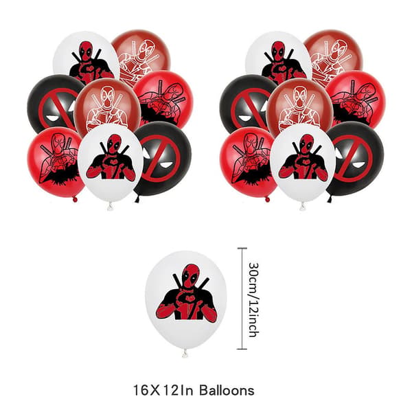 Deadpool-tema bursdagsfestutstyr, inkludert banner, ballonger, kakepynt og cupcakespynt
