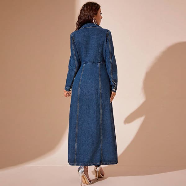 Lang Denimkjole Dame Midi Skjortekjole Mørkeblå Dark Blue L