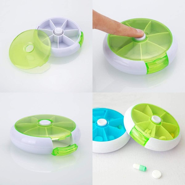 2 Pakkaus Pill Box Kannettava Automaattinen Pyörivä Pyöreä 7 Päivän Pill Box Lokero Lääke Laatikko Pidike Vihreä ja Sininen