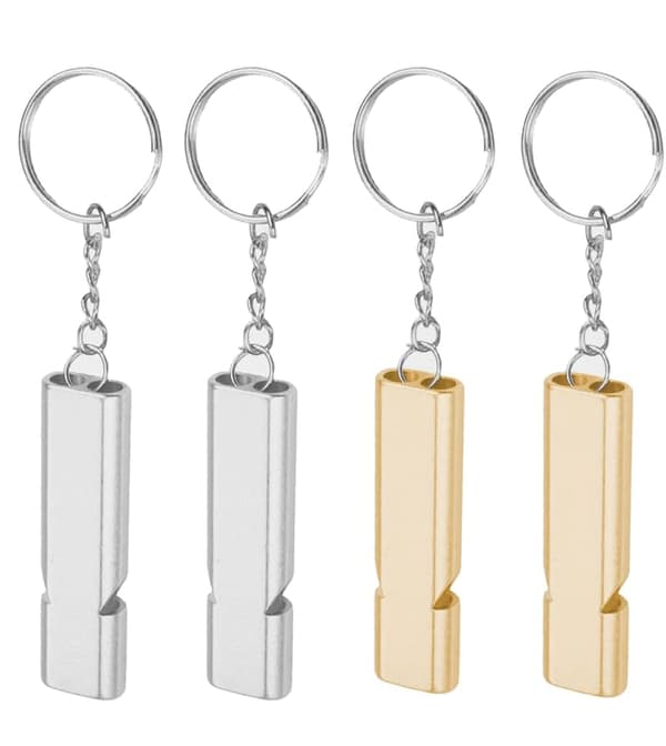 Nöd visselpipa 4-pack aluminiumlegering 120dB dubbelrörsdesign nyckelring överlevnadssäkerhetsvisselpipa silver guld