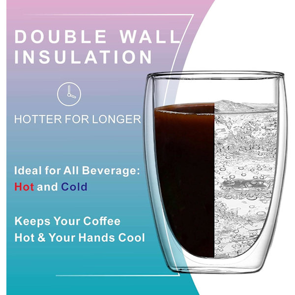 Dobbelt væggede isolerede glas krus (sæt af 2), kaffekrus, tekopper, drikkeglas til kolde eller varme drikke (350 ml)